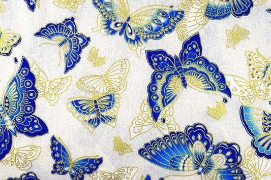 Cream Japanese Butterfly fabric, Metallic 100% Cotton, 58" (147cm) Wide, quilting fabric - Price by the Half Metre The Quilt Sanctuary