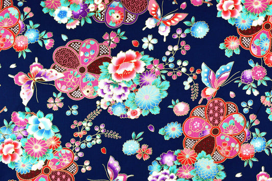 Japanese Floral Metallic quilting fabric, 100% Cotton, 58" (147cm) Wide - Price by the Half Metre The Quilt Sanctuary