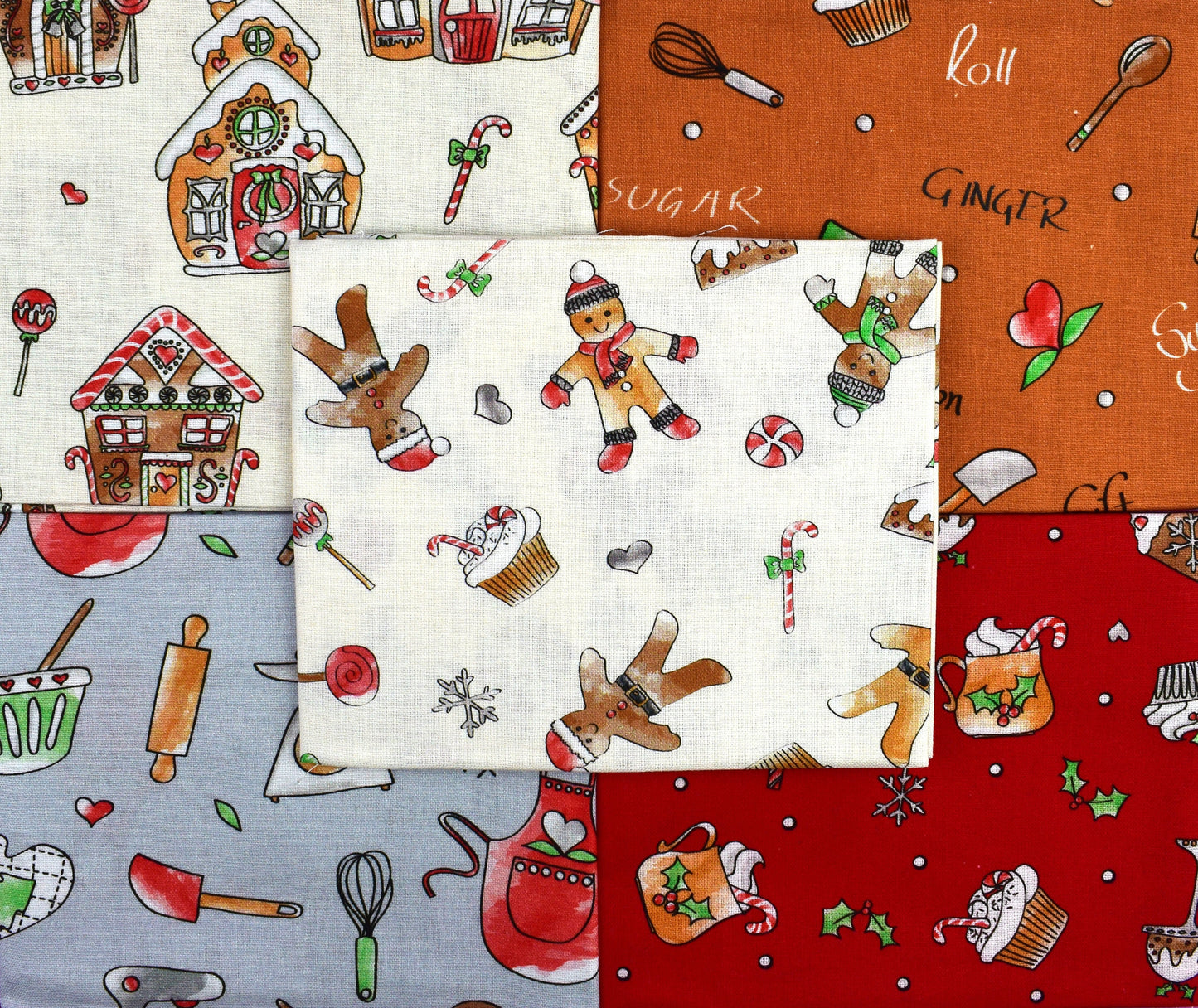 Gingerbread man fat Quarter Bundle, cotton quilting fabric, Christmas fabric, Debbie Shore The Quilt Sanctuary
