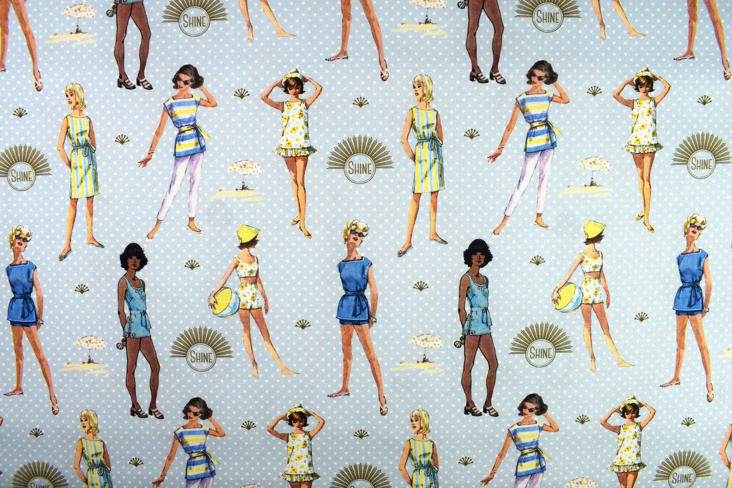 Blue spot, Simplicity vintage fabrics, At the beach 1950's fashion - Price by the Half Metre The Quilt Sanctuary