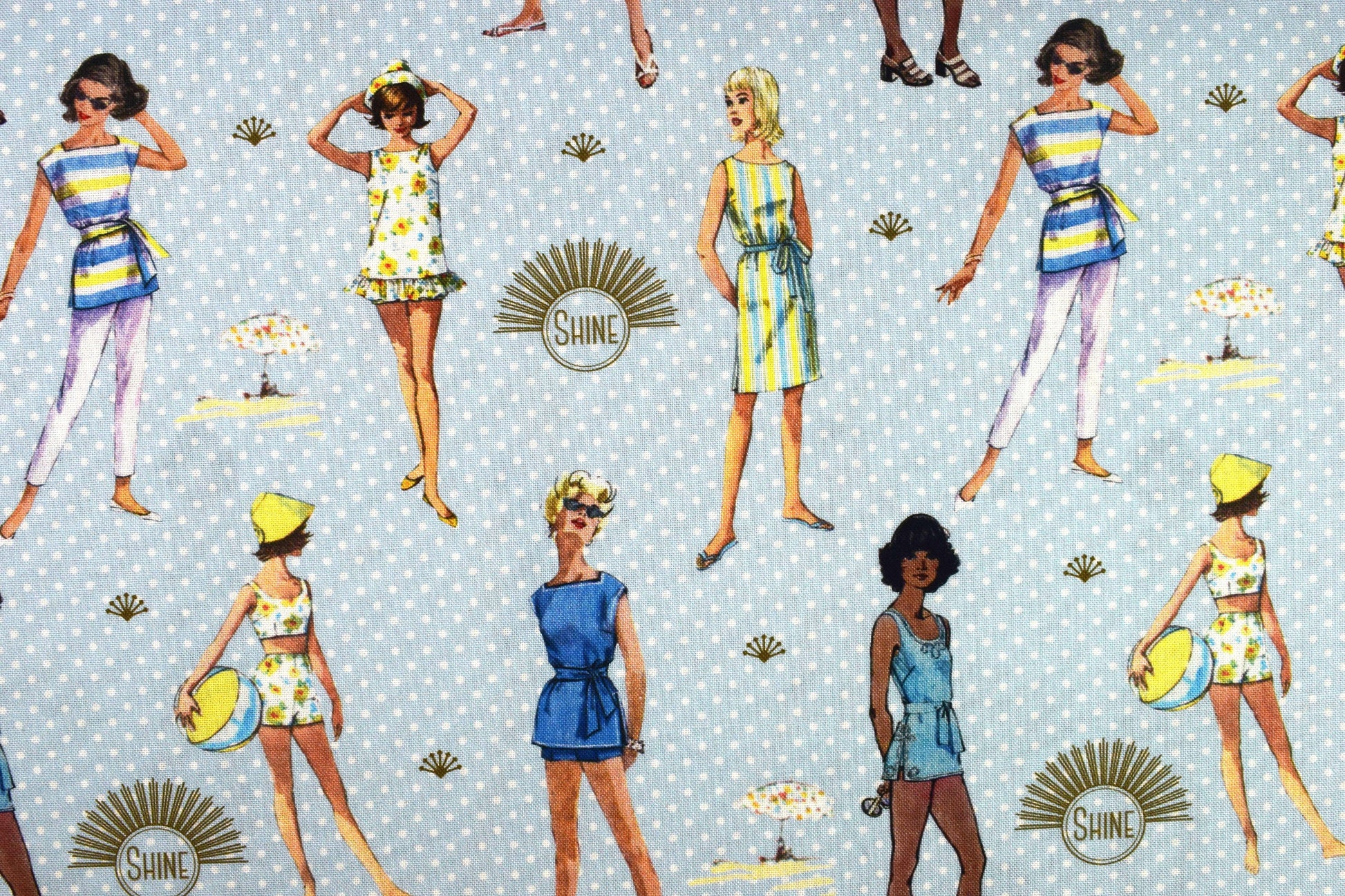 Blue spot, Simplicity vintage fabrics, At the beach 1950's fashion - Price by the Half Metre The Quilt Sanctuary
