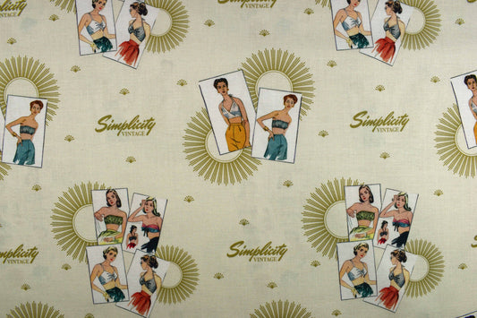 Postcard Fabric, Simplicity vintage fabrics, At the beach 1950's fashion, quilting fabric - Price by the Half Metre The Quilt Sanctuary