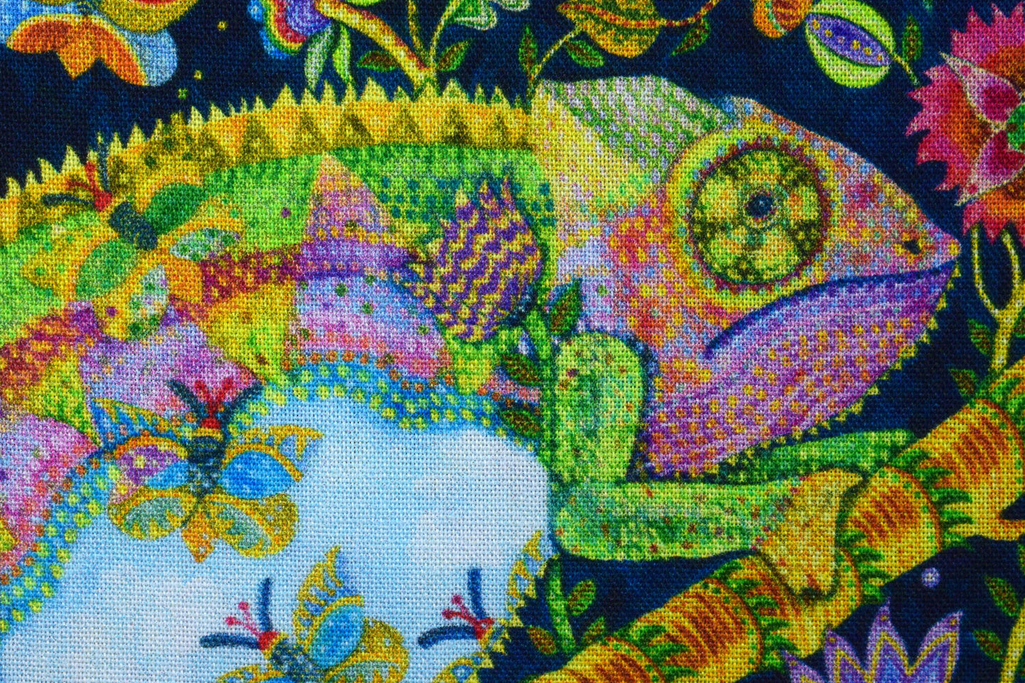 Chameleon picture patch, Quilting panel, colourful chameleons, fabric panel The Quilt Sanctuary