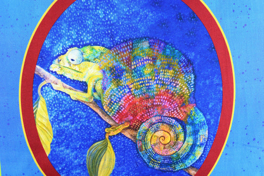 Chameleon picture patch, Quilting panel, colourful chameleons, fabric panel The Quilt Sanctuary