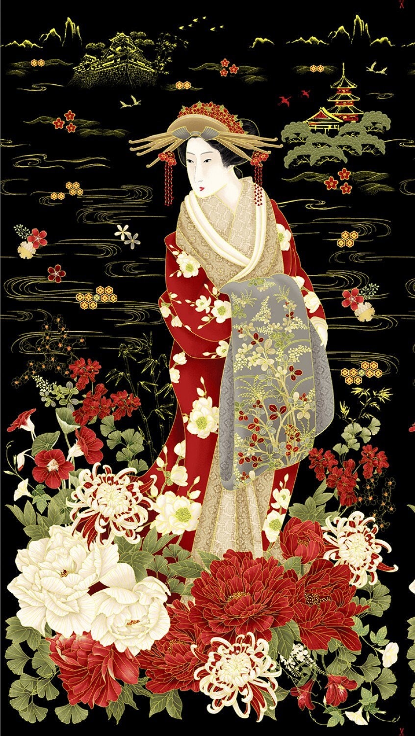 Geisha fabric panel, Japanese Quilting panel, Kyoto Gardens The Quilt Sanctuary