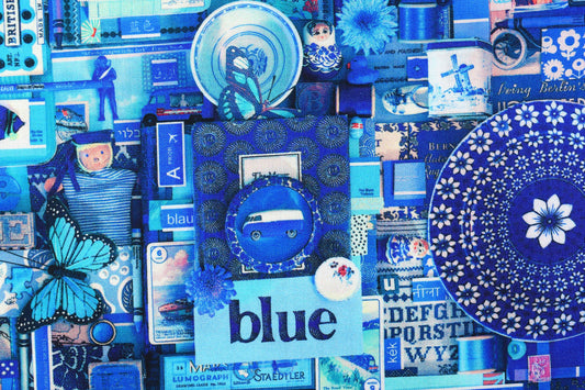 color collage quilting fabric, blue collage board, cotton fabric Price by the Half Metre The Quilt Sanctuary