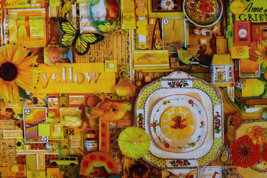 yellow color collage quilting fabric, yellow scrap book fabric, cotton fabric - Price by the Half Metre The Quilt Sanctuary