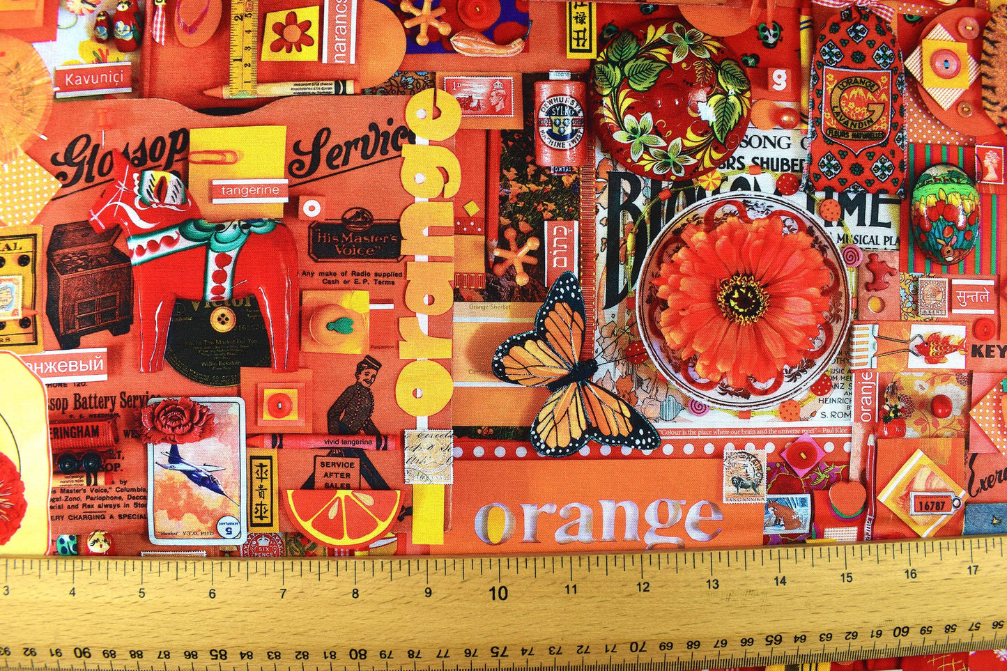 Orange color collage quilting fabric, Orange scrap book print, cotton fabric - Price by the Half Metre The Quilt Sanctuary