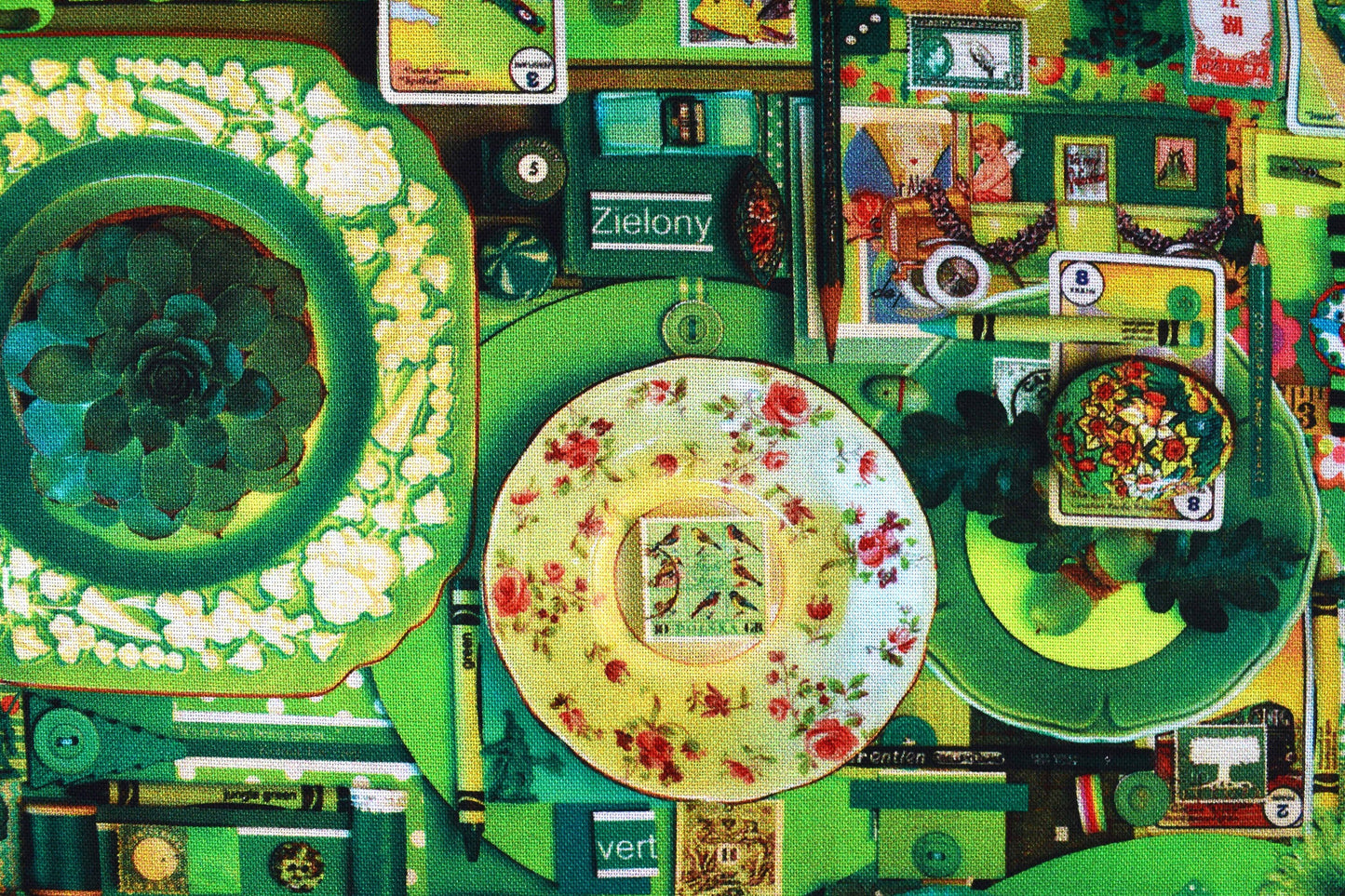 Green color collage quilting fabric, green scrap book print, cotton fabric - Price by the Half Metre The Quilt Sanctuary