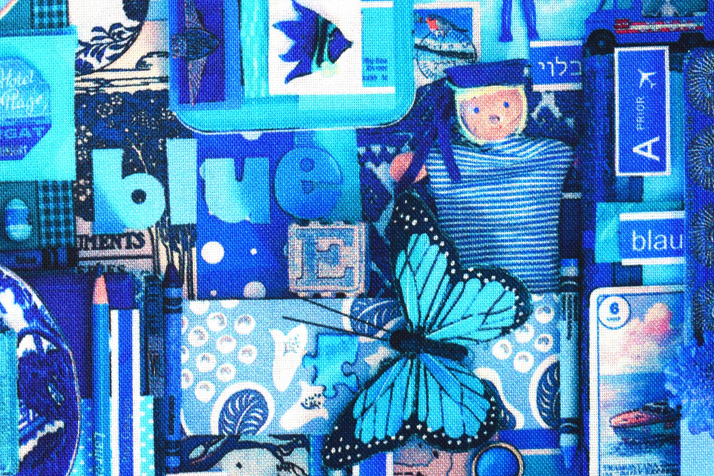 color collage quilting fabric, blue collage board, cotton fabric Price by the Half Metre The Quilt Sanctuary