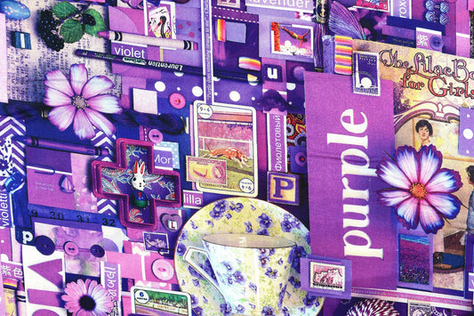 Purple color collage quilting fabric, purple scrap book fabric, violet fabric, cotton fabric Price by the Half Metre The Quilt Sanctuary
