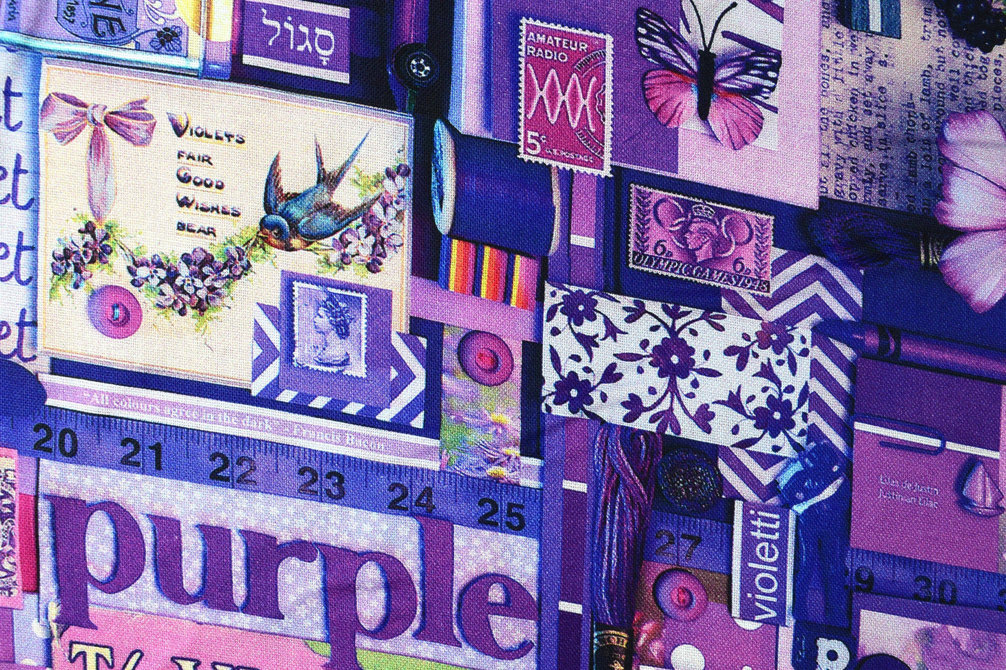Purple color collage quilting fabric, purple scrap book fabric, violet fabric, cotton fabric Price by the Half Metre The Quilt Sanctuary