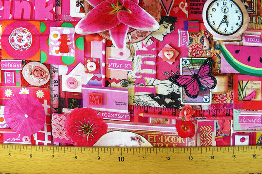 Pink color collage quilting fabric, Pink collage board, cotton fabric Price by the Half Metre The Quilt Sanctuary