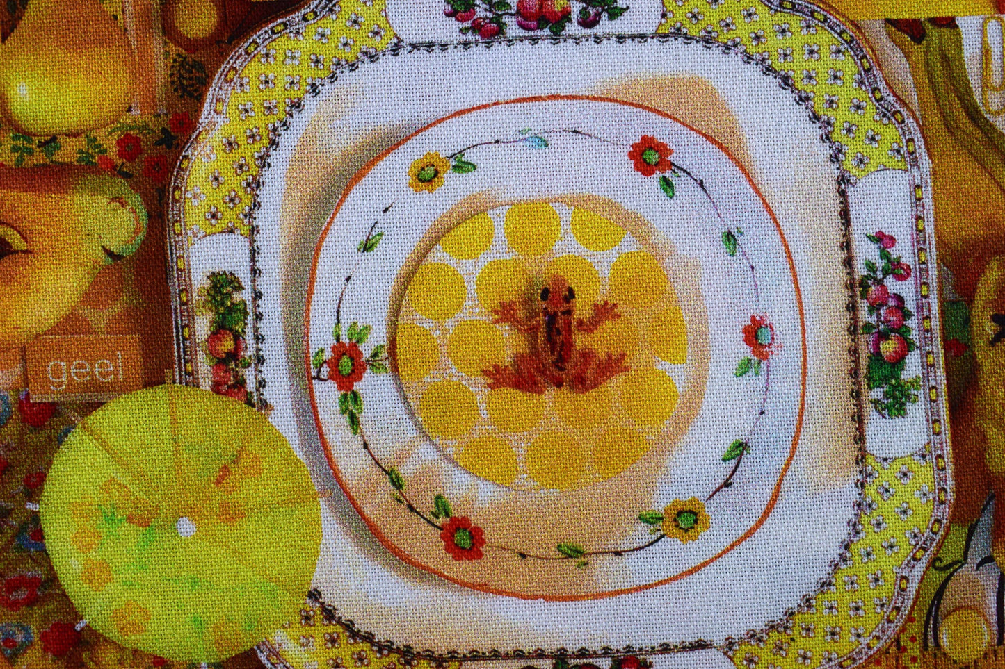 yellow color collage quilting fabric, yellow scrap book fabric, cotton fabric - Price by the Half Metre The Quilt Sanctuary