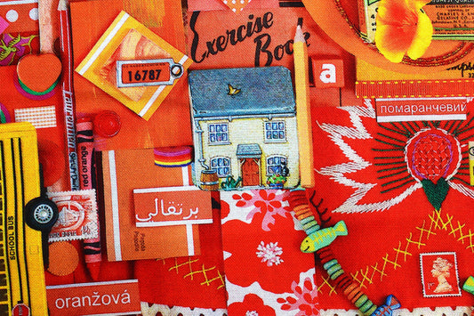 Orange color collage quilting fabric, Orange scrap book print, cotton fabric - Price by the Half Metre The Quilt Sanctuary