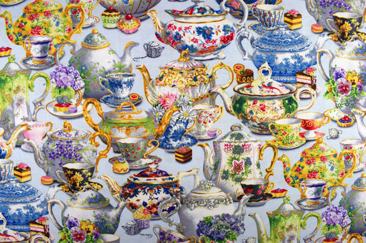 teapot quilting fabric, tea cup fabric, Cotton Fabric, fancy tea - Price by the Half Metre The Quilt Sanctuary