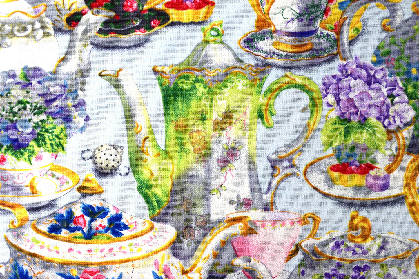 teapot quilting fabric, tea cup fabric, Cotton Fabric, fancy tea - Price by the Half Metre The Quilt Sanctuary