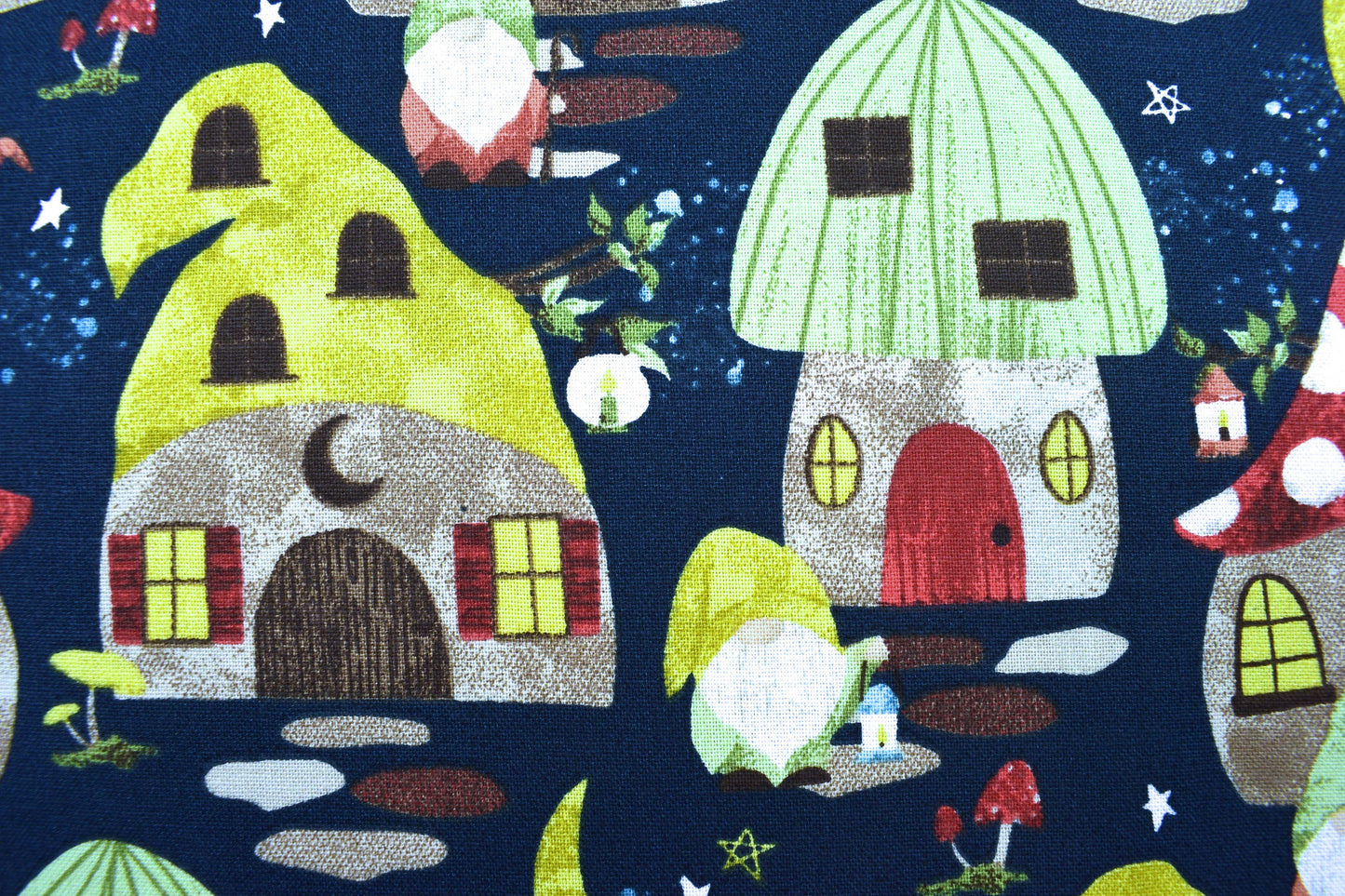 Gnome home fabric, Quilting fabric, cotton fabric, toadstools, you light my way Gnome - Price by the Half Metre The Quilt Sanctuary