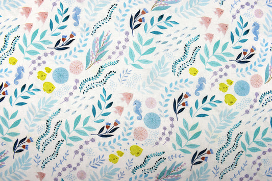 seaweed Fabric, Quilting fabric, Seahorse, corals, angel fish, under the sea by Dear Stella, price by the half metre The Quilt Sanctuary