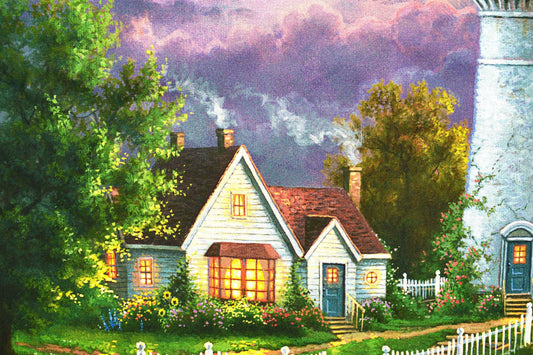 Lighthouse quilting panel. digitally printed safe harbour, cottage by the sea picture patch The Quilt Sanctuary