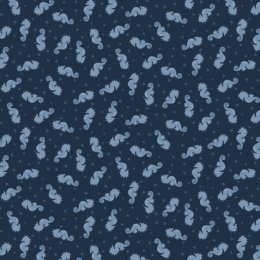 seahorse fabric, midnight blue Quilting fabric, Dear Stella, digitally printed Cotton fabric, price by the half metre The Quilt Sanctuary