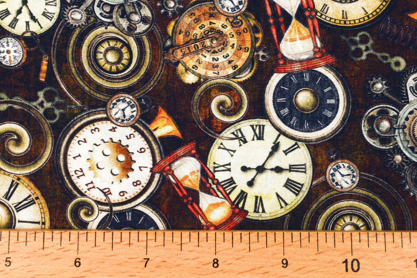 Clocks Quilting Fabric, Cotton Quilting Fabric, Steampunk Adventures, price by the half metre - Price by the Half Metre The Quilt Sanctuary