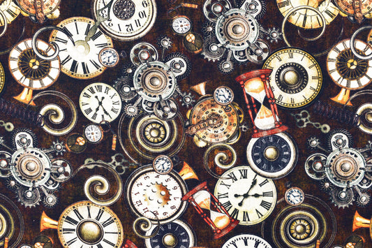 Clocks Quilting Fabric, Cotton Quilting Fabric, Steampunk Adventures, price by the half metre - Price by the Half Metre The Quilt Sanctuary