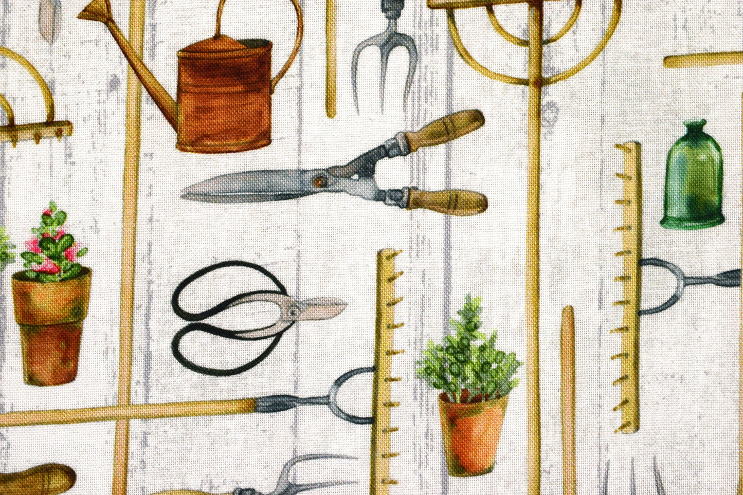 Gardening tools fabric, cottage Garden quilting fabric, rakes and tools, cotton fabric - Price by the Half Metre The Quilt Sanctuary