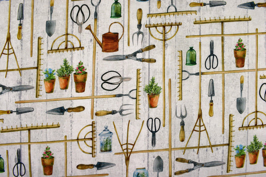 Gardening tools fabric, cottage Garden quilting fabric, rakes and tools, cotton fabric - Price by the Half Metre The Quilt Sanctuary