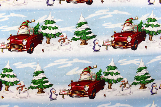 Christmas gnomes fabric, Driving Gnomes, Christmas Quilting fabric, price by the half metre The Quilt Sanctuary