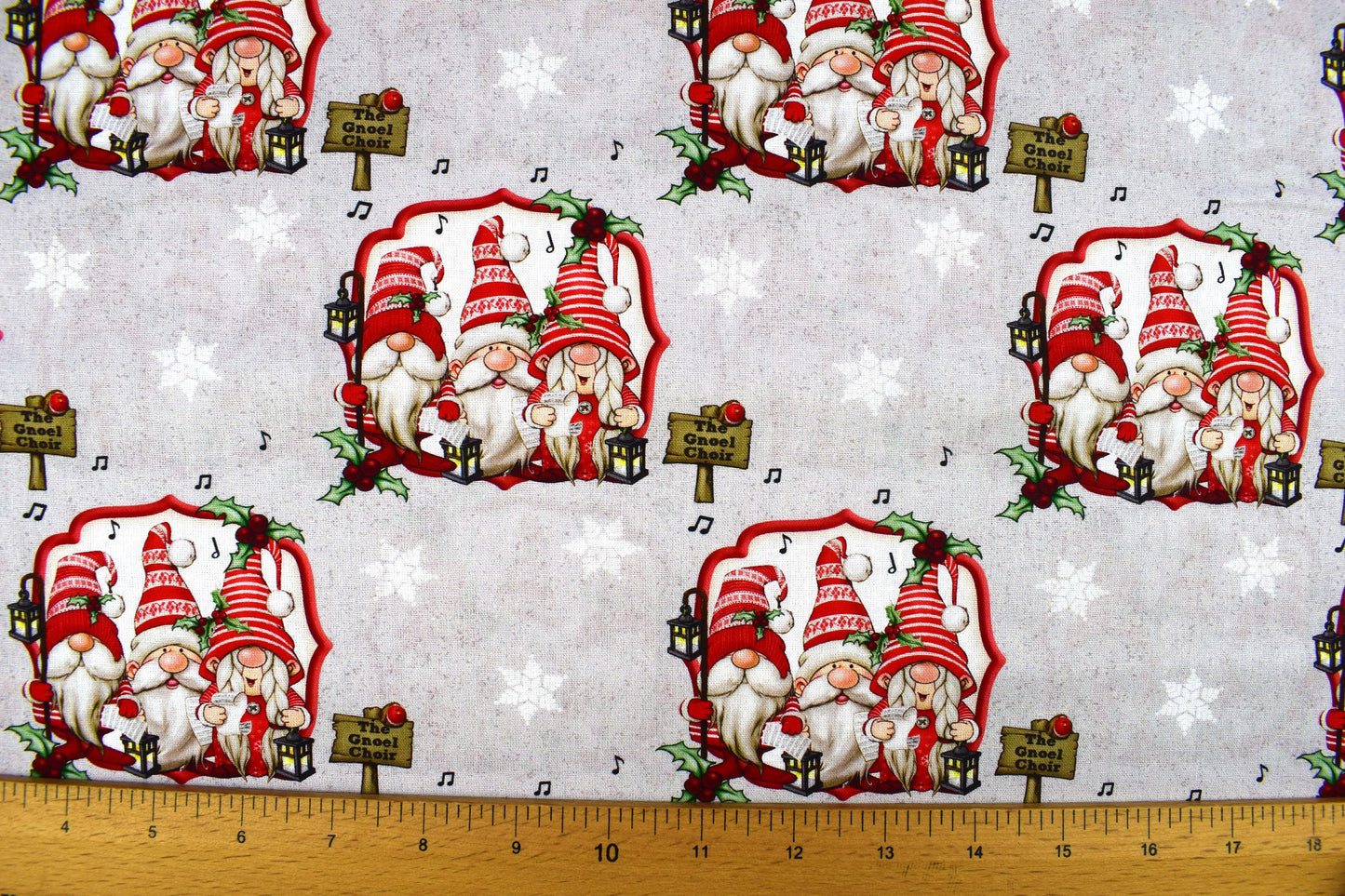 singing gnomes fabric, Driving Gnome for Christmas, Holiday Quilting fabric, price by the half metre The Quilt Sanctuary