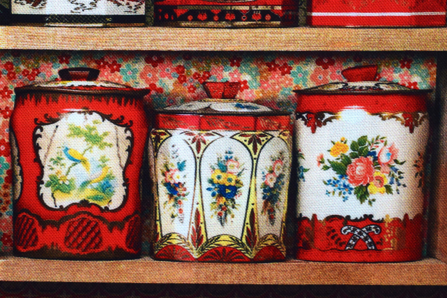 Tea cup and tea caddy quilting fabric, tea cup pattern, Cotton Fabric, Library of Rarities - Price by the Half Metre The Quilt Sanctuary