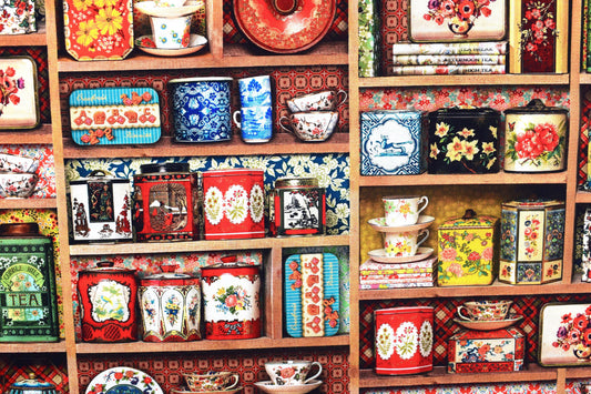 Tea cup and tea caddy quilting fabric, tea cup pattern, Cotton Fabric, Library of Rarities - Price by the Half Metre The Quilt Sanctuary