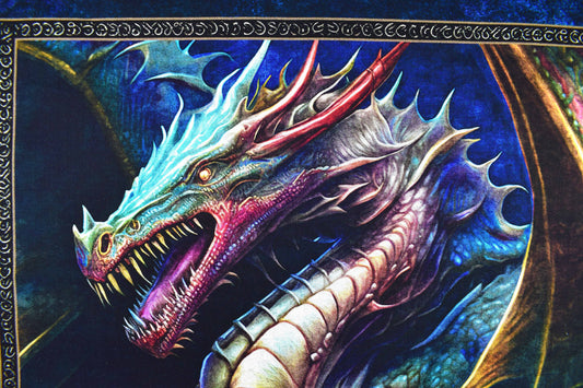 Dragon fire quilting panel, green dragon heads, Dragon fabric, picture patch The Quilt Sanctuary