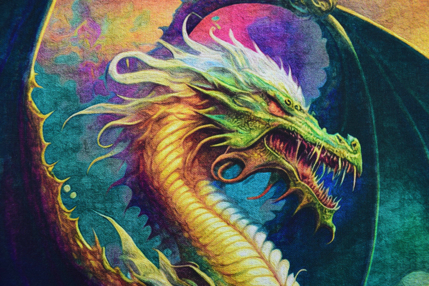 Dragon fire quilting panel, green dragon heads, Dragon fabric, picture patch The Quilt Sanctuary