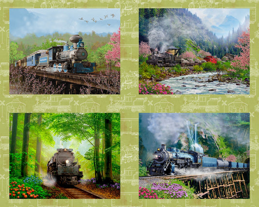 Steam train quilting panel, Train picture patch, Spring steam