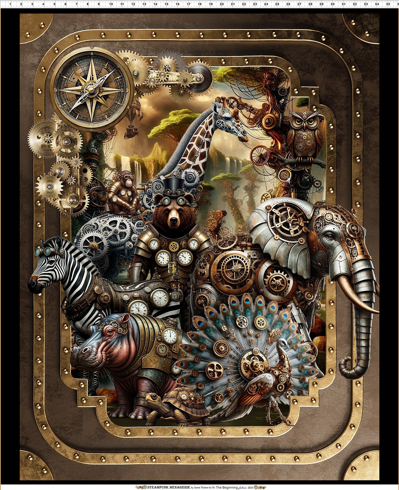 Steampunk Animal Menagerie Quilt Panel - 100% digital printed Cotton - The Quilt Sanctuary