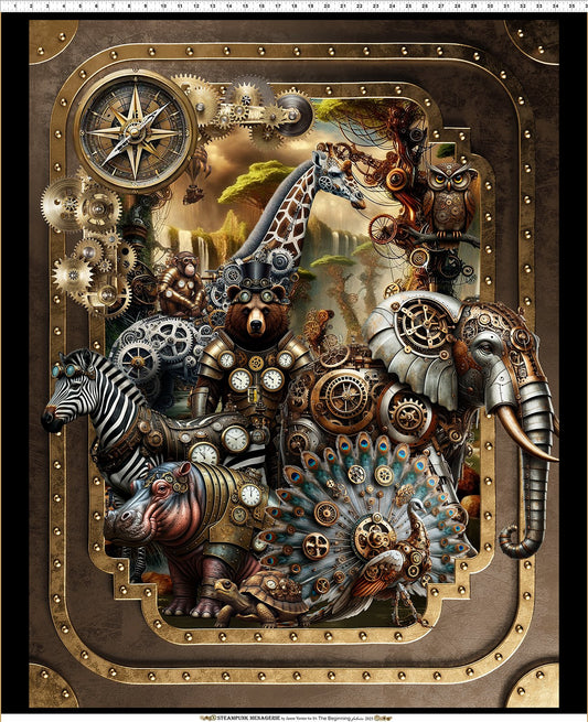 Steampunk Animal Menagerie Quilt Panel - 100% digital printed Cotton - The Quilt Sanctuary