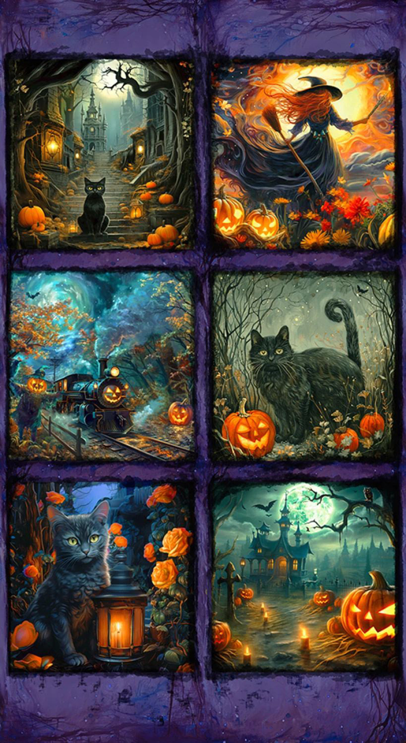 Halloween fabric quilting panel, Cats, Witches and haunted house