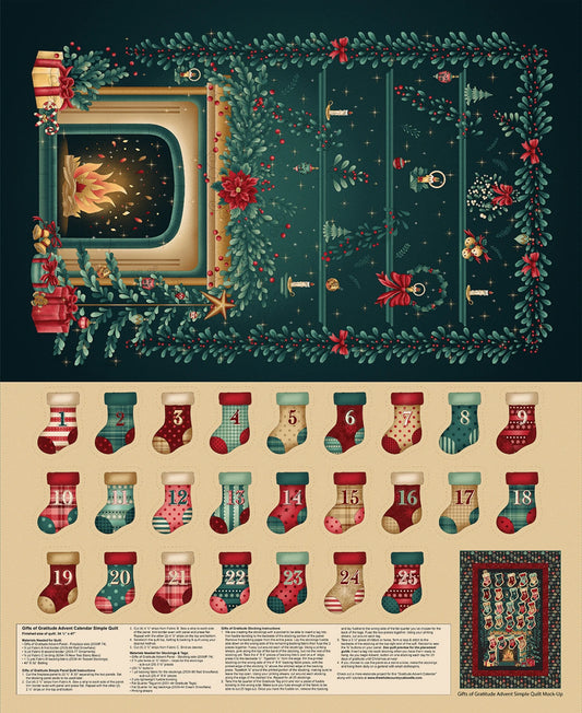 Christmas Fireplace Advent Calendar Quilt Panel with 25 Stockings - PANEL ONLY - The Quilt Sanctuary