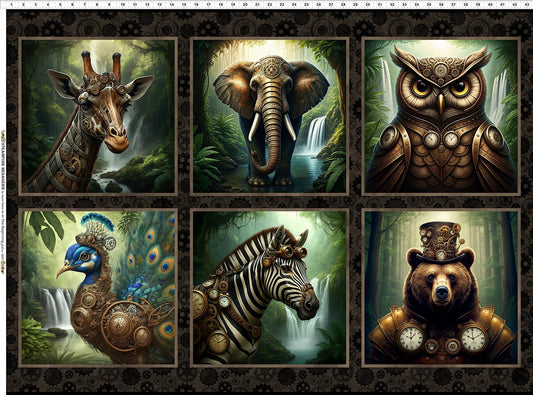 Steampunk Menagerie Fabric Panel - Set of 6 Steam Punk Animal Blocks - The Quilt Sanctuary