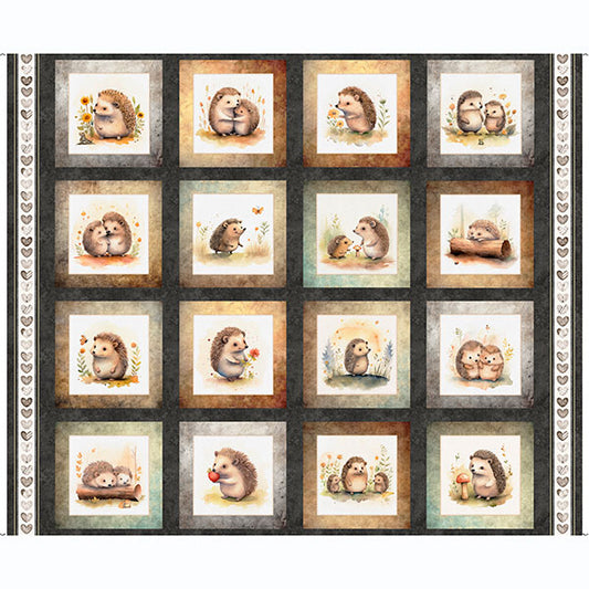 Hedgehog panel, Quilting fabric panels, cotton fabric, Hedgehugs