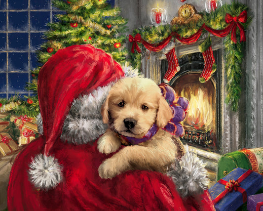 Father Christmas and Puppy fabric panel, father Christmas Quilting  panel