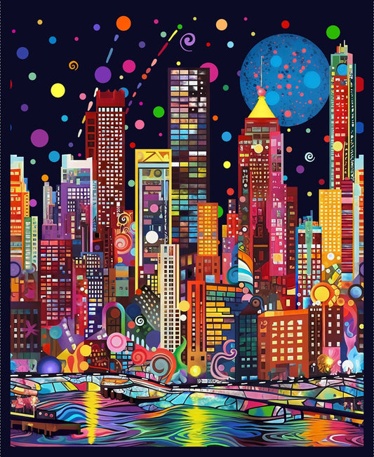 Vibrant City Skyline Quilting Panel, Colourful Abstract Metropolis Fabric Art - The Quilt Sanctuary