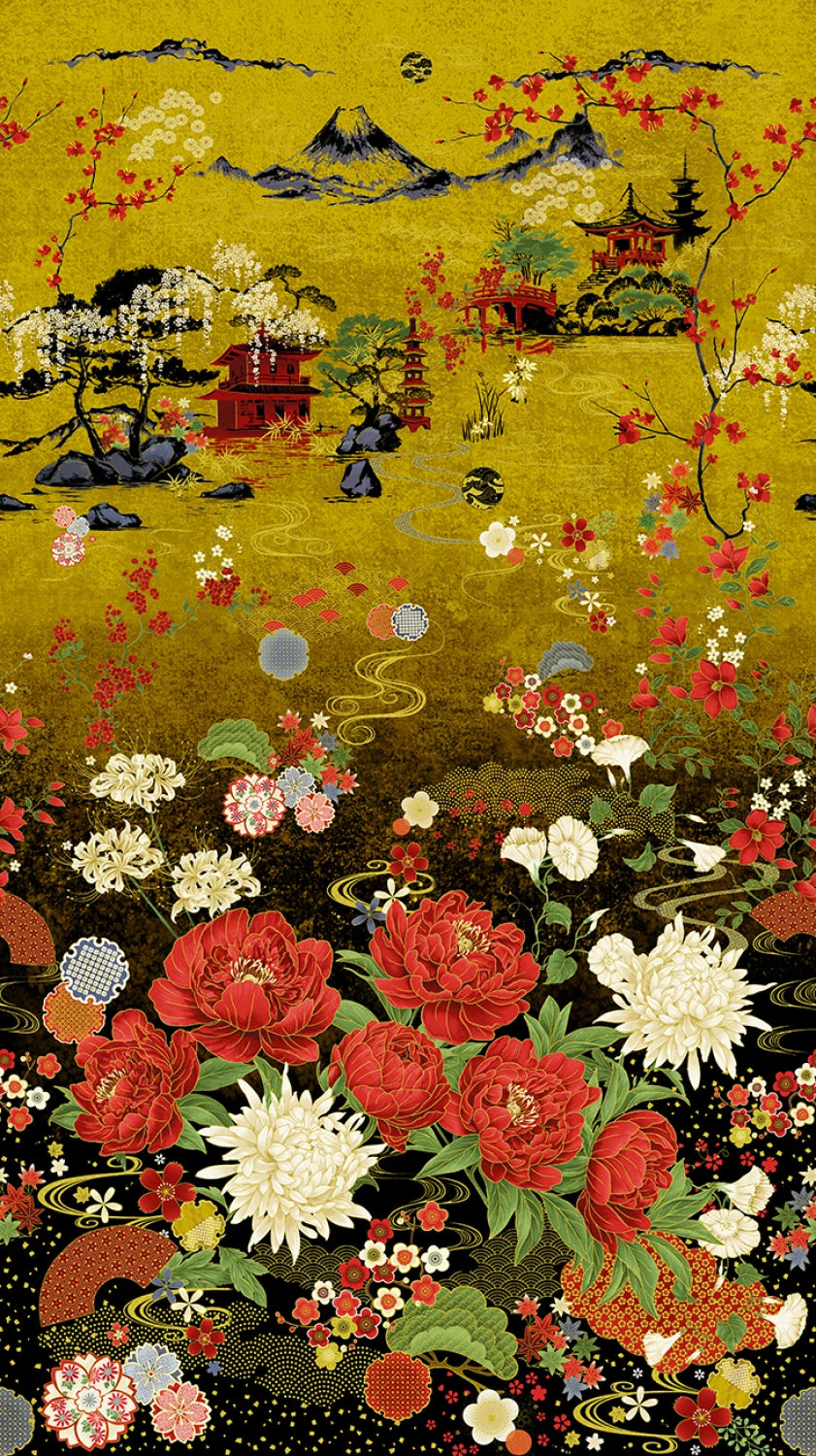Lotus Garden fabric panel, Japanese Quilting panel - The Quilt Sanctuary