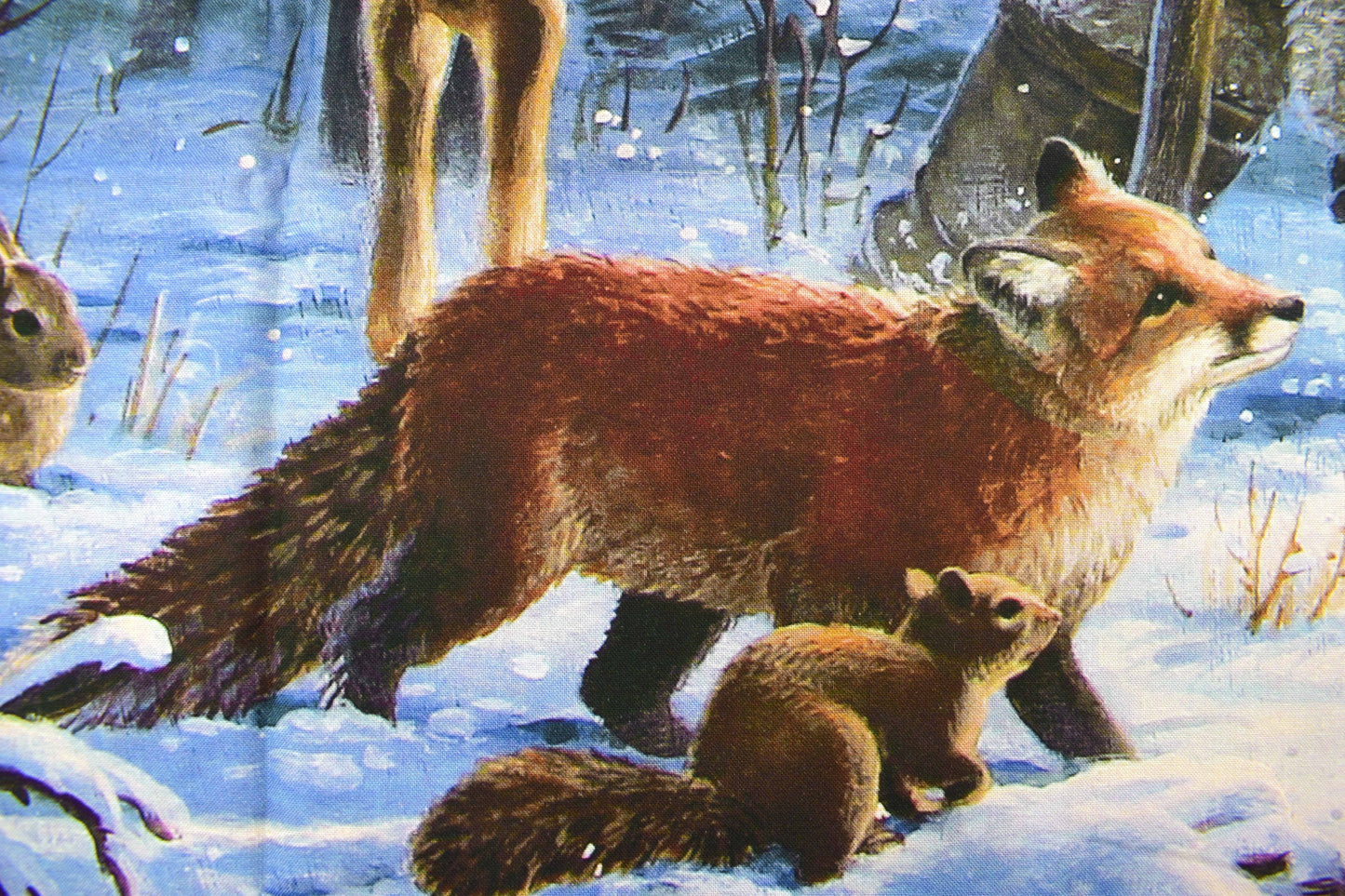 Santa in Snowy Forest with Lantern Christmas Fabric Panel