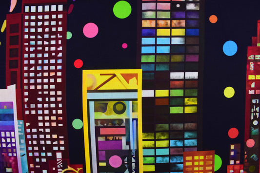 Vibrant City Skyline Quilting Panel, Colourful Abstract Metropolis Fabric Art - The Quilt Sanctuary