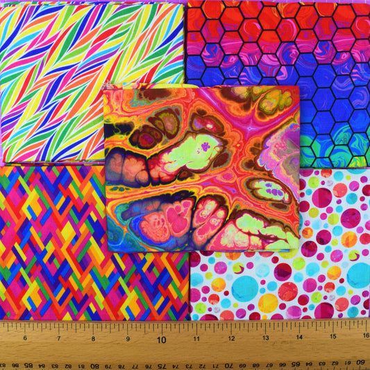 Rainbow Psychedelic Fat Quarter Bundle - 5pc Abstract Geometric Cotton Fabric Set - The Quilt Sanctuary