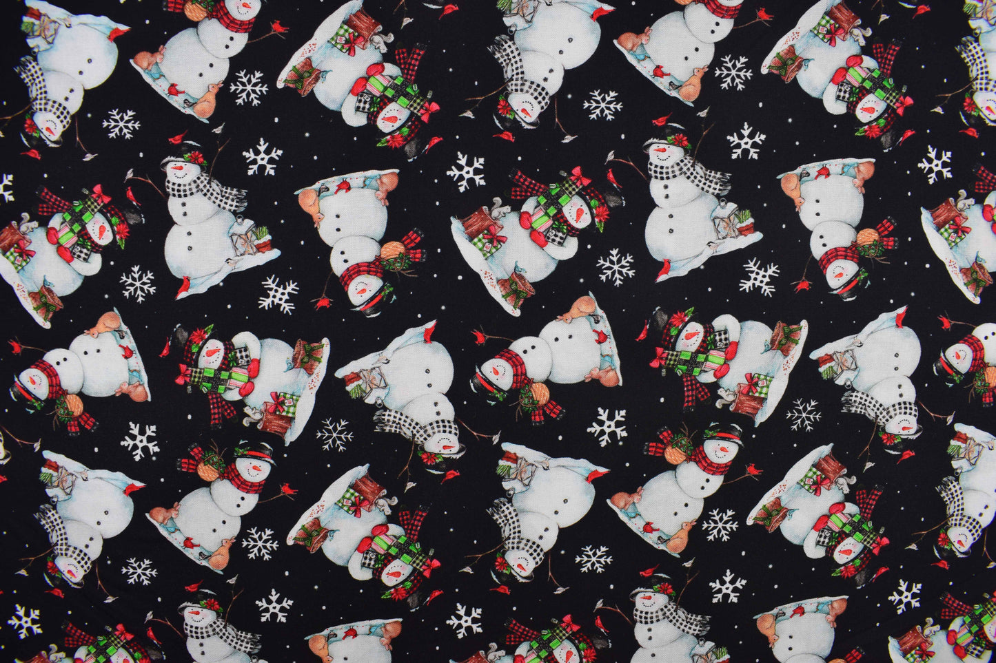 Snowman Christmas cotton fabric with gifts, animals and winter accents - Price by Half Metre