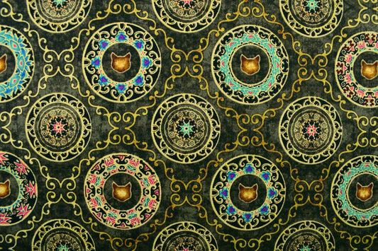 cat fabric, cat mandalas fabric, Quilting fabric, cotton fabric, quilting treasures, feline fabric,  Price by the Half Metre